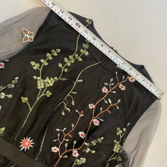 ~ Lg Floral Boho Sheer Dress Botanical Black Flowers Long Sleeve Bohemian Knee - Picture 10 of 14